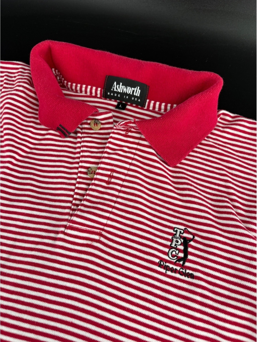 Ashworth TPC Piper Glen Golf Polo Men's L Red White Stripe Made USA